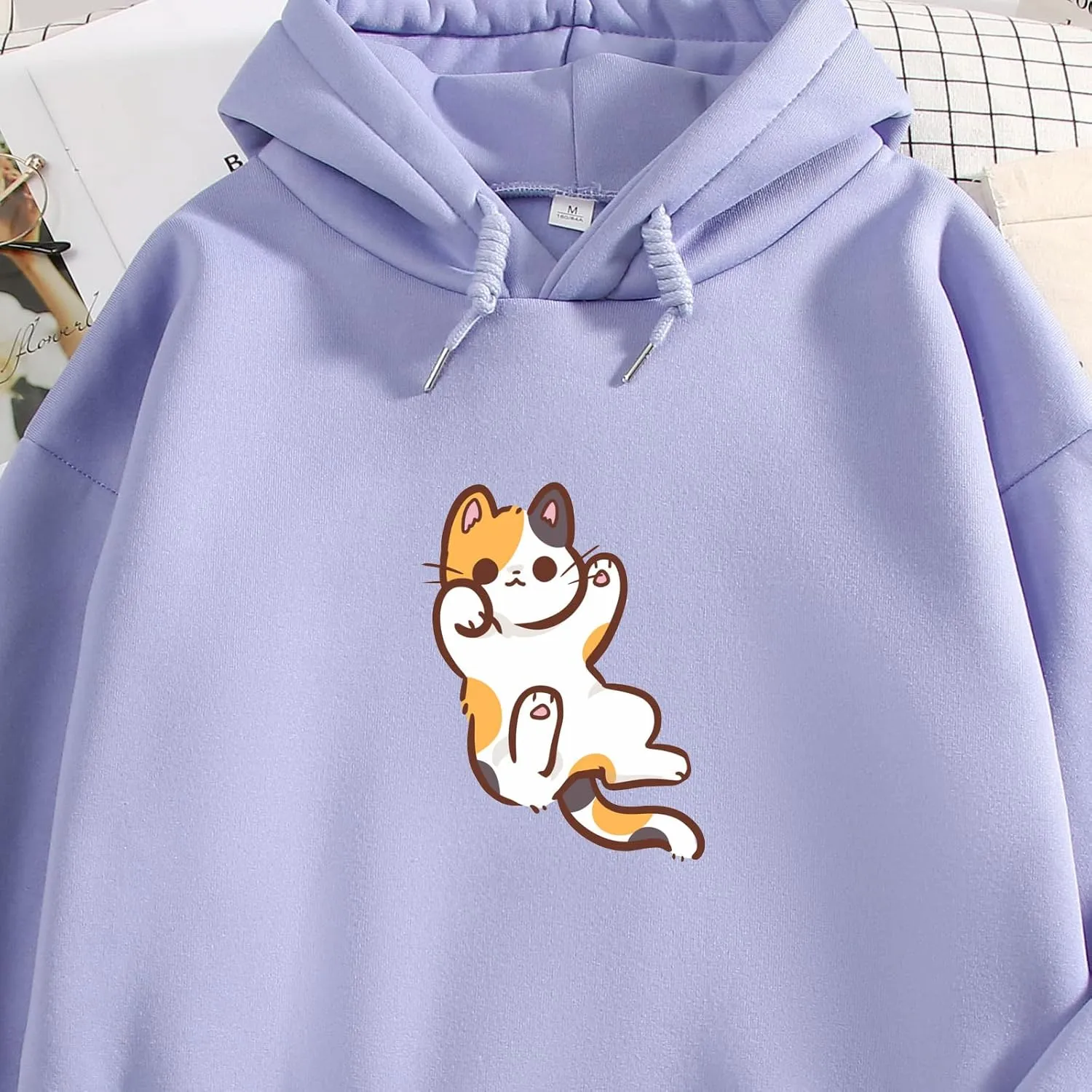 Bobeutou Women Cute Cat Print Oversized Hoodies for Teen Girls Aesthetic Kawaii Cartoon Graphic Fleece Sweatshirt Pullovers