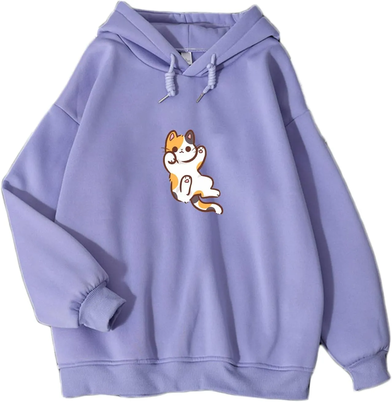 Bobeutou Women Cute Cat Print Oversized Hoodies for Teen Girls Aesthetic Kawaii Cartoon Graphic Fleece Sweatshirt Pullovers