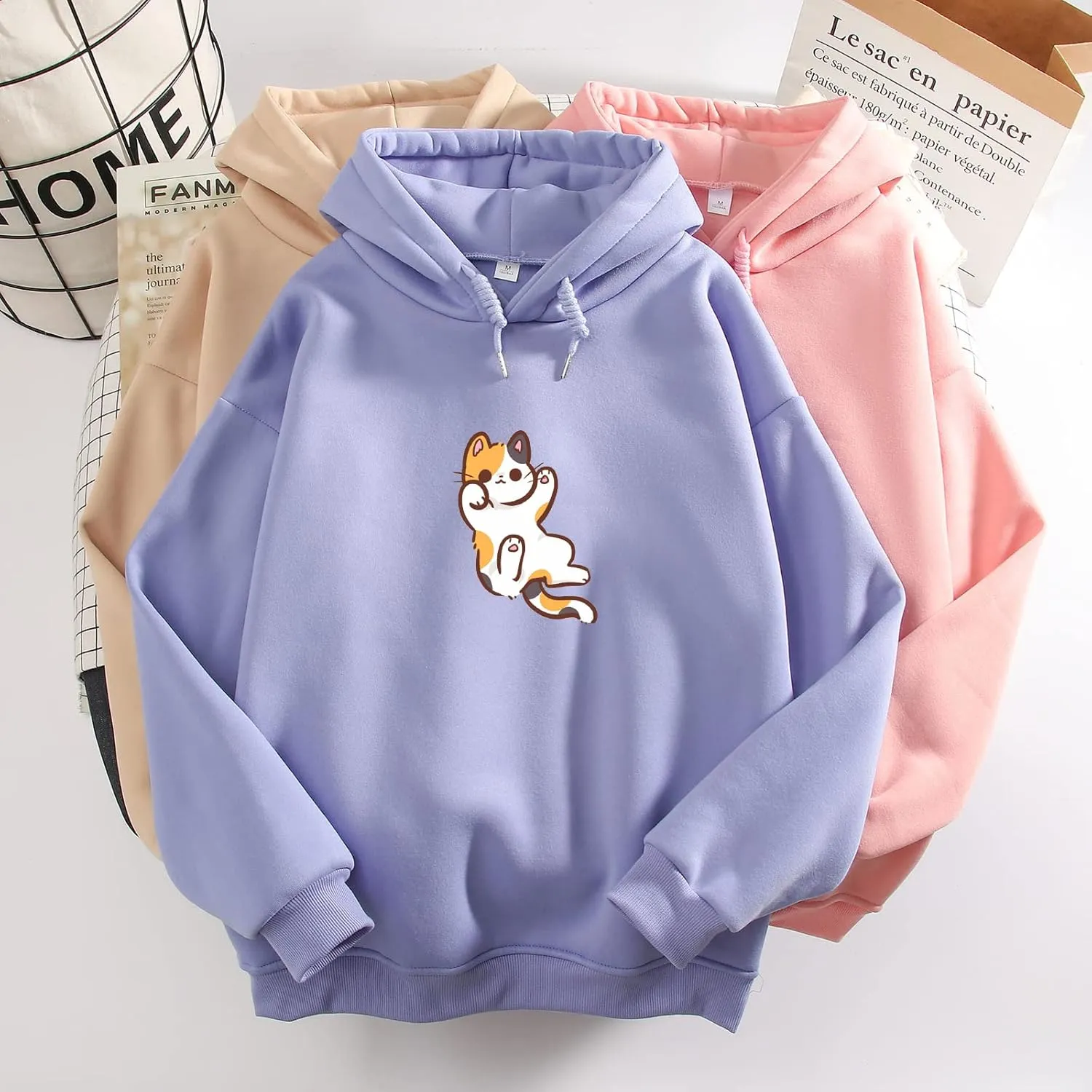 Bobeutou Women Cute Cat Print Oversized Hoodies for Teen Girls Aesthetic Kawaii Cartoon Graphic Fleece Sweatshirt Pullovers