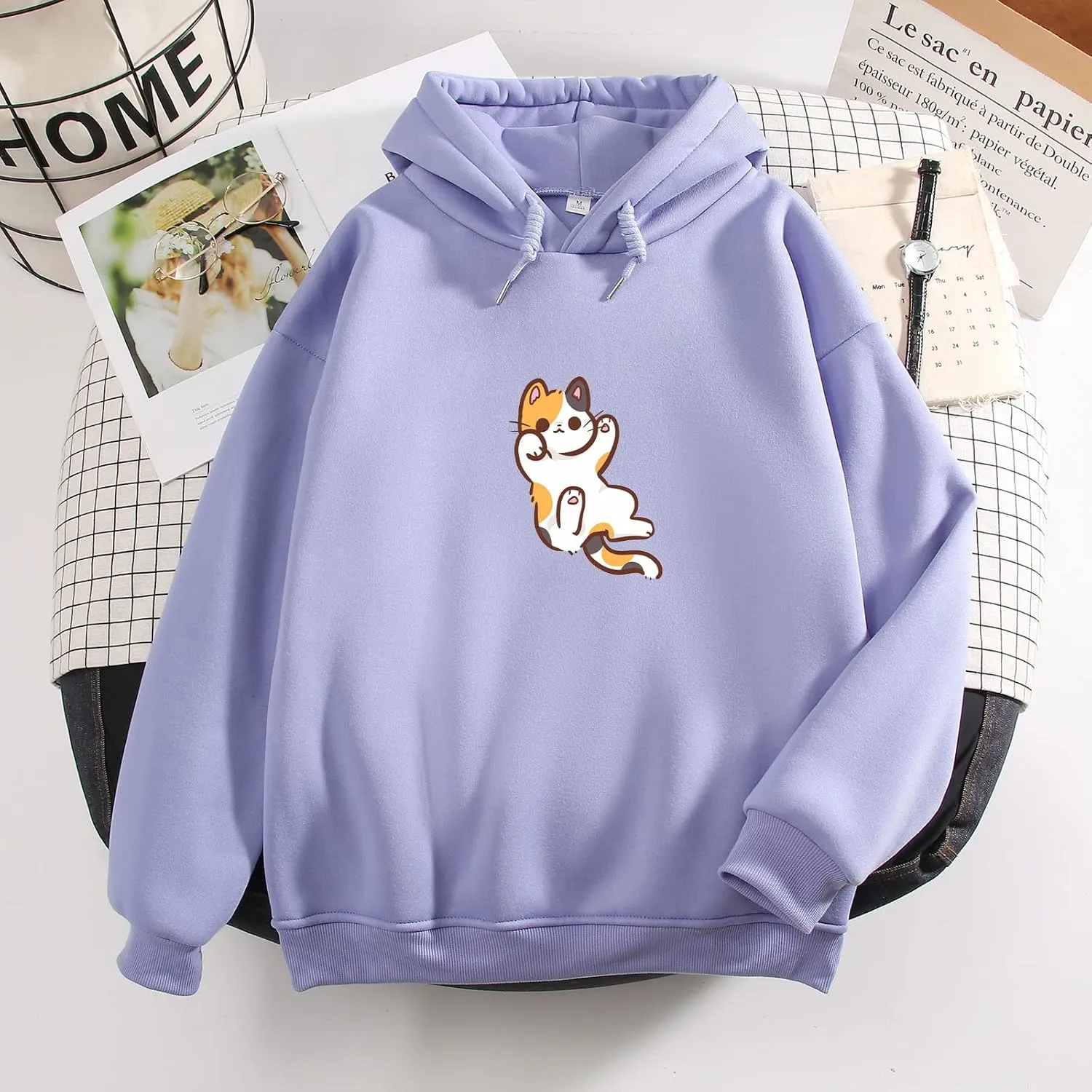 Bobeutou Women Cute Cat Print Oversized Hoodies for Teen Girls Aesthetic Kawaii Cartoon Graphic Fleece Sweatshirt Pullovers