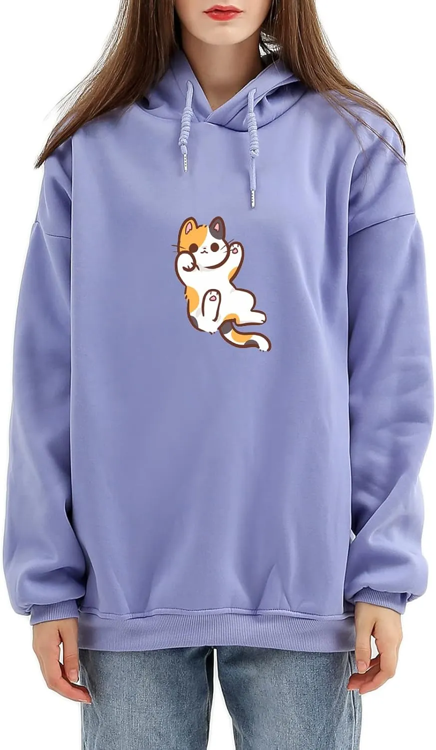 Bobeutou Women Cute Cat Print Oversized Hoodies for Teen Girls Aesthetic Kawaii Cartoon Graphic Fleece Sweatshirt Pullovers