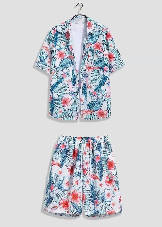 Bohemian White Print Shirts And Shorts Ice Silk Men Two Pieces Set Summer HG064