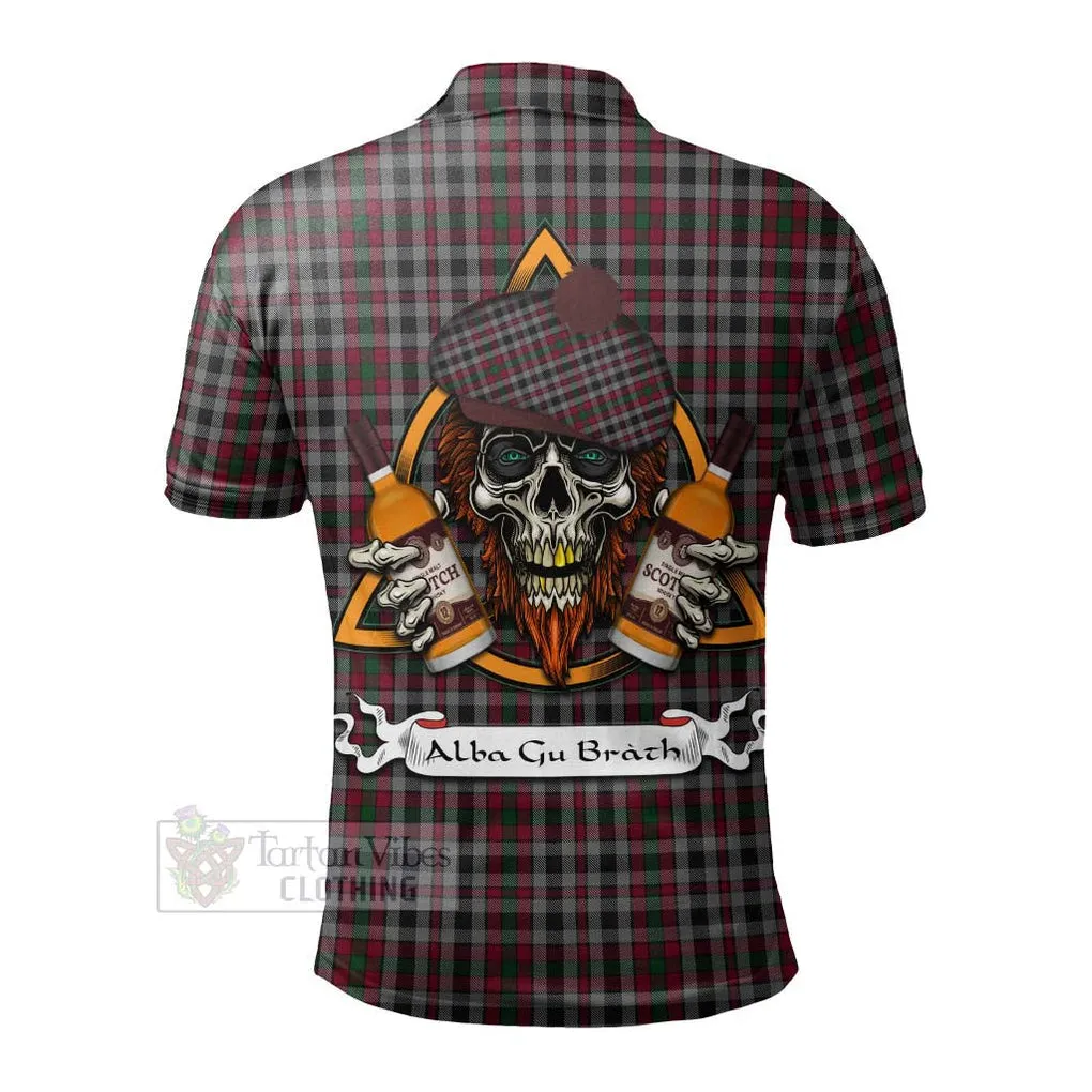 Borthwick Tartan Polo Shirt with Family Crest and Bearded Skull Holding Bottles of Whiskey