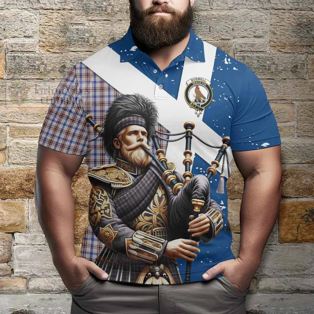 Boswell Tartan Polo Shirt with Family Crest Scottish Bagpiper Vibes
