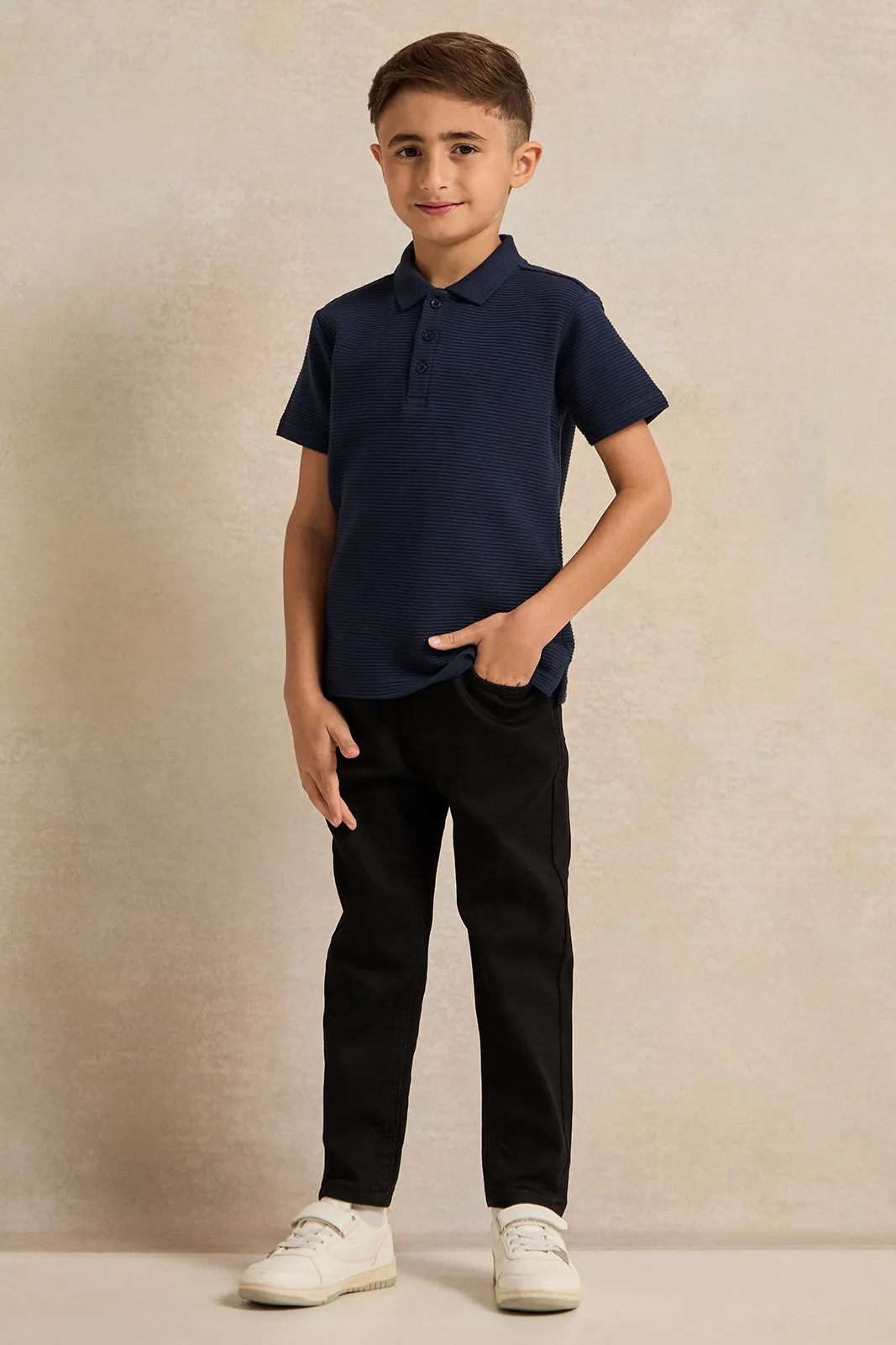 Boys Navy Ribbed Polo Shirt