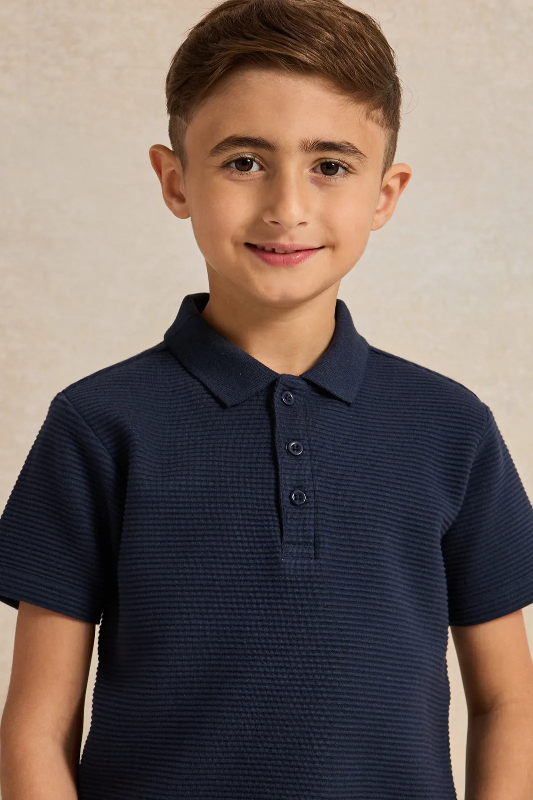 Boys Navy Ribbed Polo Shirt