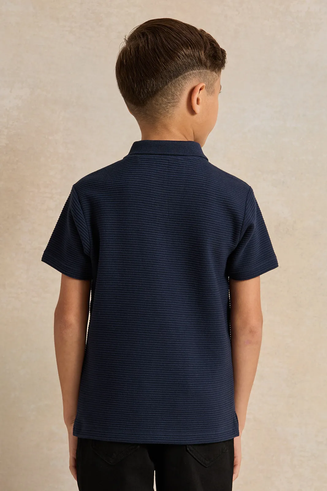 Boys Navy Ribbed Polo Shirt