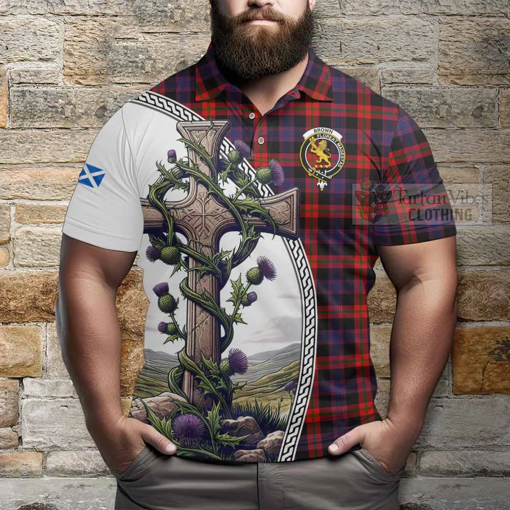 Brown (Broun) Tartan Polo Shirt with Family Crest and St. Andrew's Cross Accented by Thistle Vines