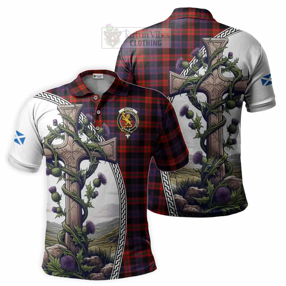Brown (Broun) Tartan Polo Shirt with Family Crest and St. Andrew's Cross Accented by Thistle Vines