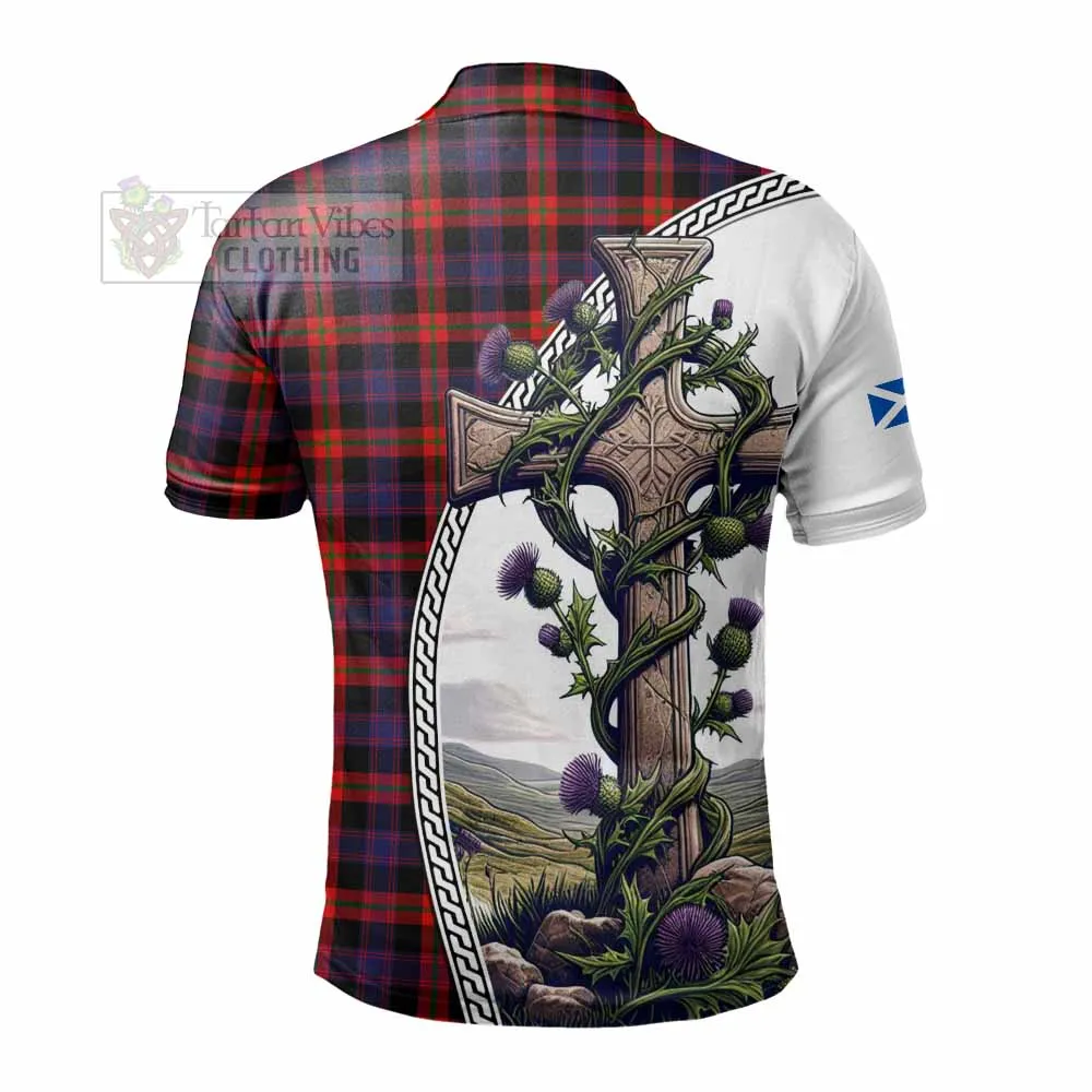 Brown (Broun) Tartan Polo Shirt with Family Crest and St. Andrew's Cross Accented by Thistle Vines