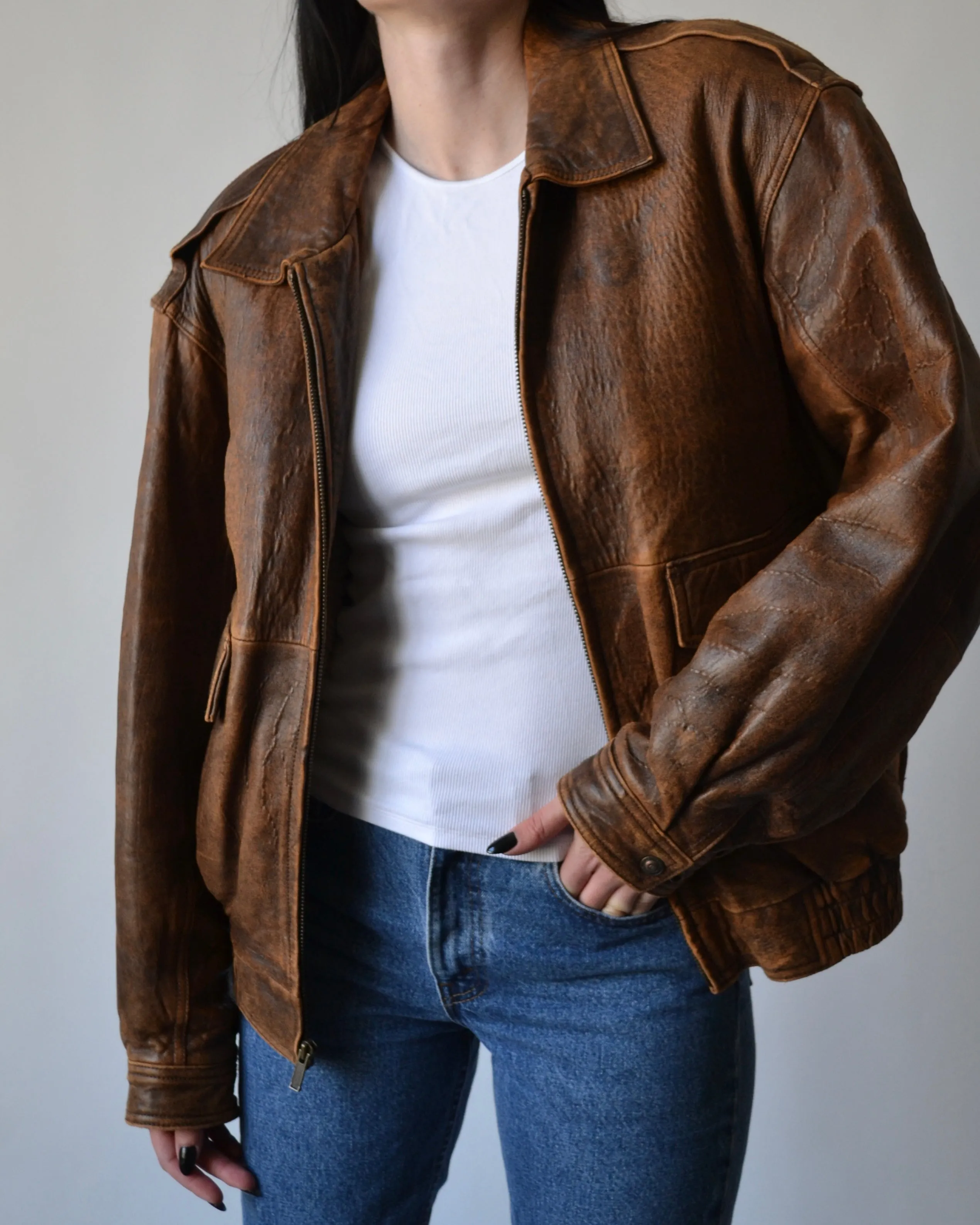 Brown Distressed Leather Bomber