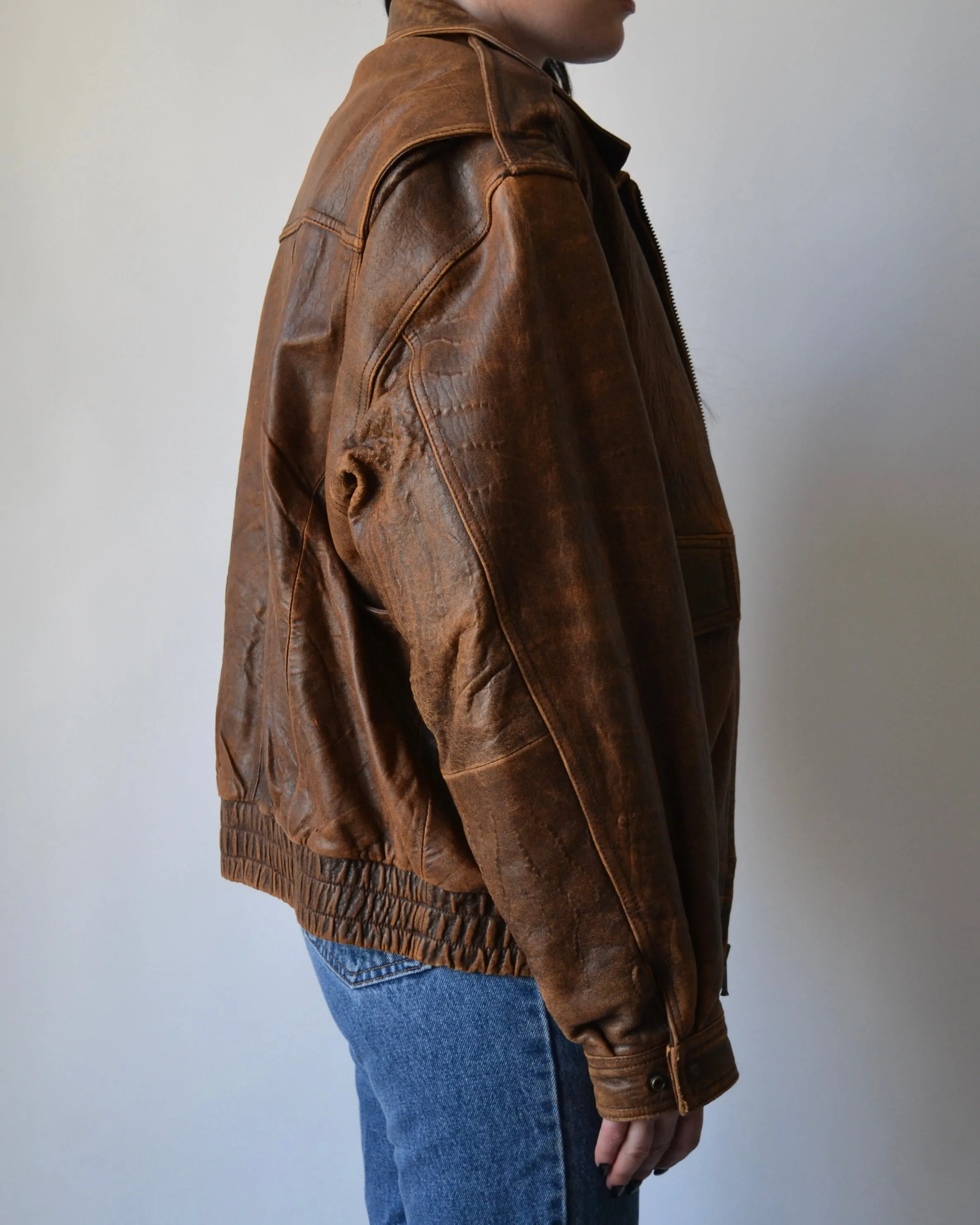 Brown Distressed Leather Bomber