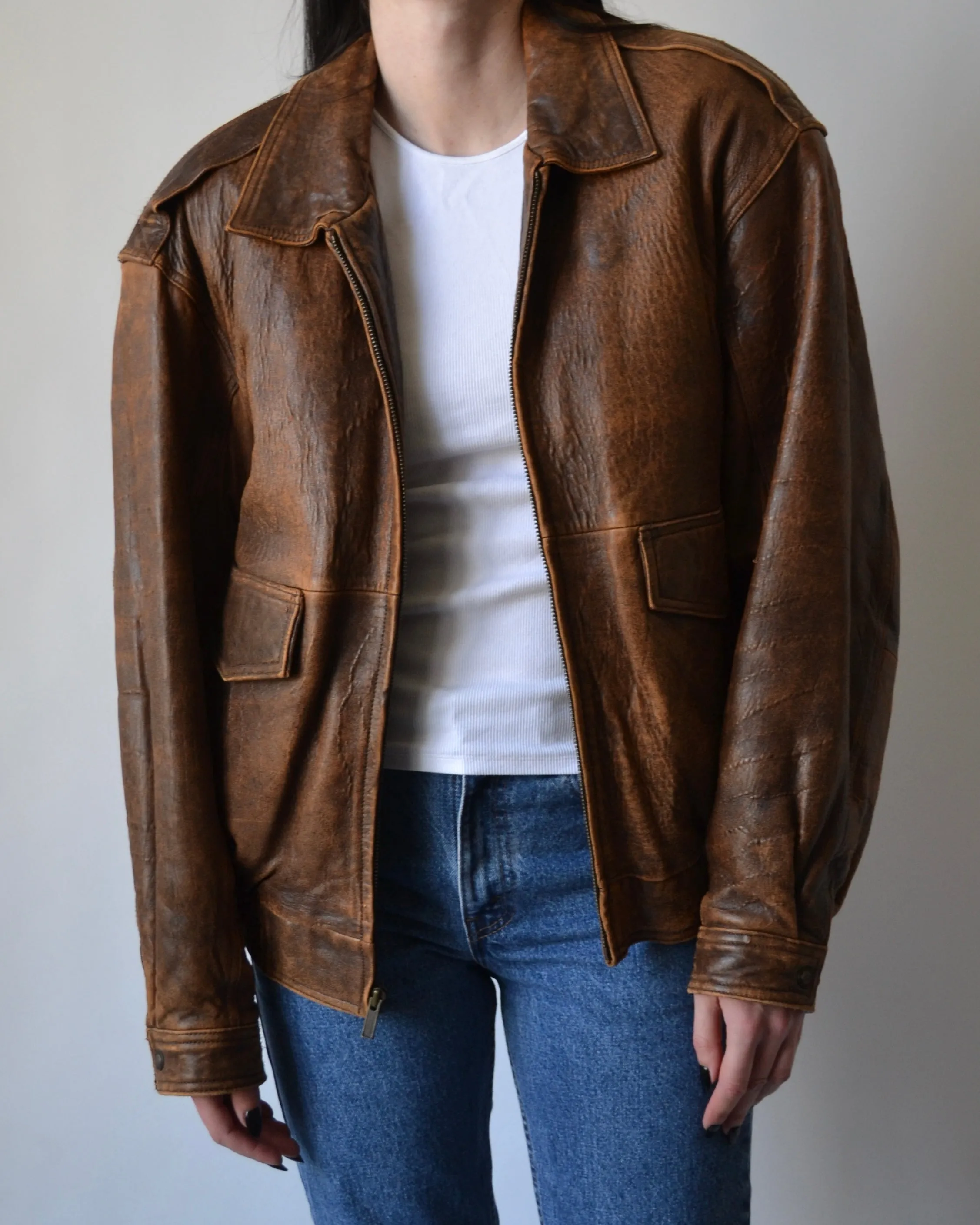 Brown Distressed Leather Bomber