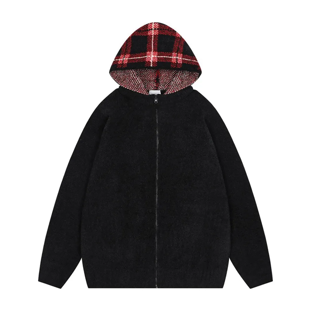 Brushed Wool Plaid Hooded Sweater