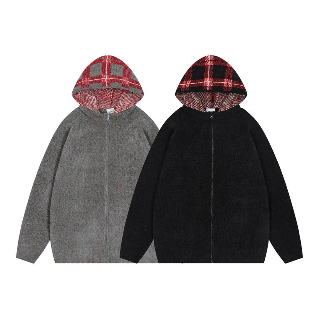 Brushed Wool Plaid Hooded Sweater