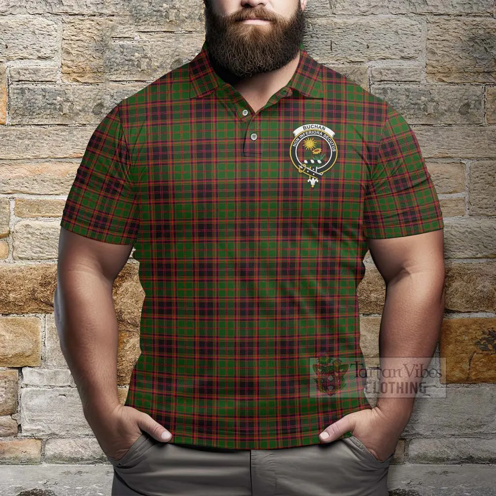 Buchan Tartan Polo Shirt with Family Crest and Bearded Skull Holding Bottles of Whiskey
