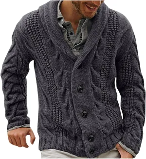 Button Down Sweaters for Men Casual Knitted Shawl Lapel Cardigan Long Sleeve Ribbed Cable Knit Sweater Comfy Knitwear