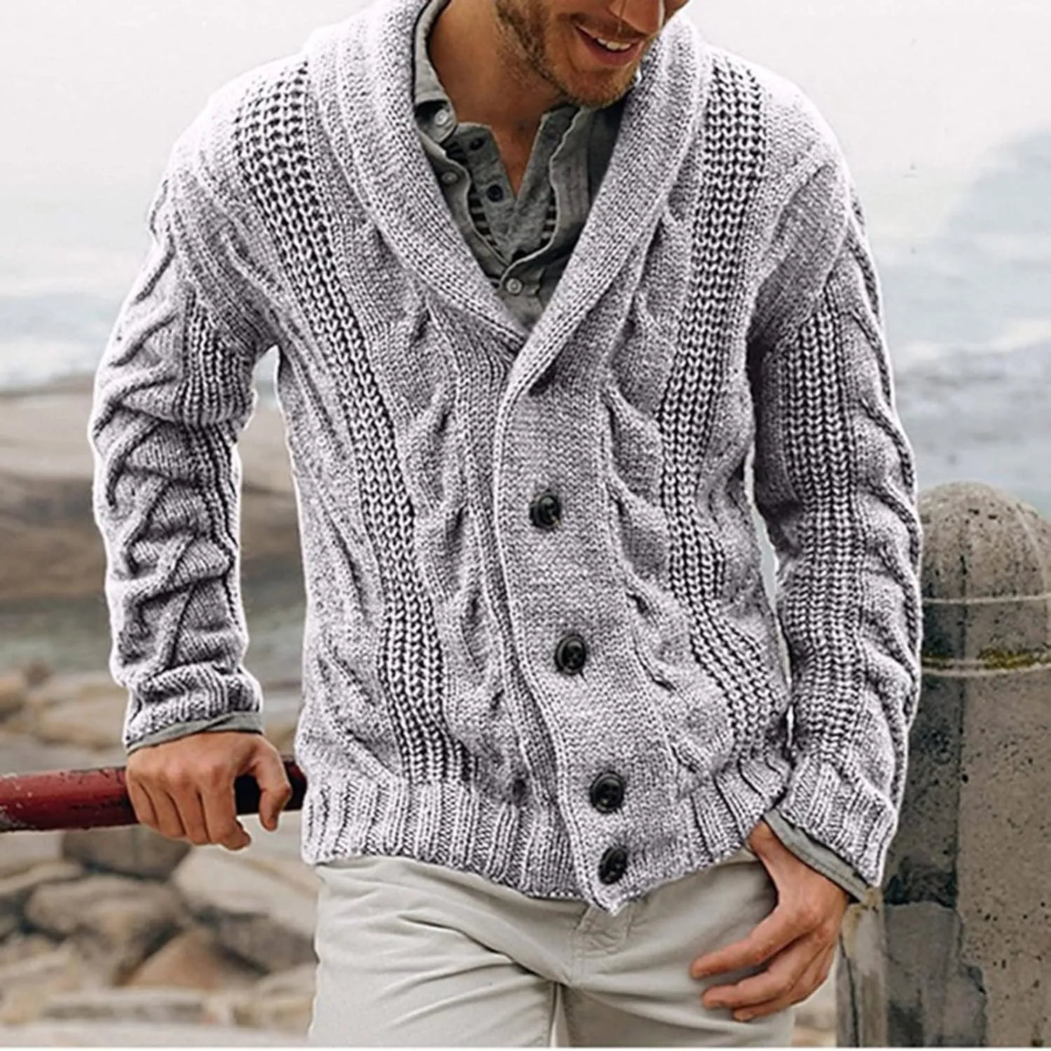 Button Down Sweaters for Men Casual Knitted Shawl Lapel Cardigan Long Sleeve Ribbed Cable Knit Sweater Comfy Knitwear