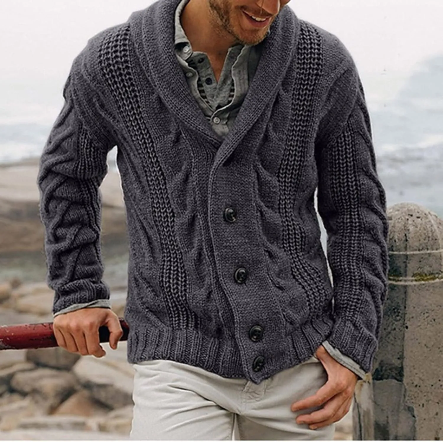 Button Down Sweaters for Men Casual Knitted Shawl Lapel Cardigan Long Sleeve Ribbed Cable Knit Sweater Comfy Knitwear