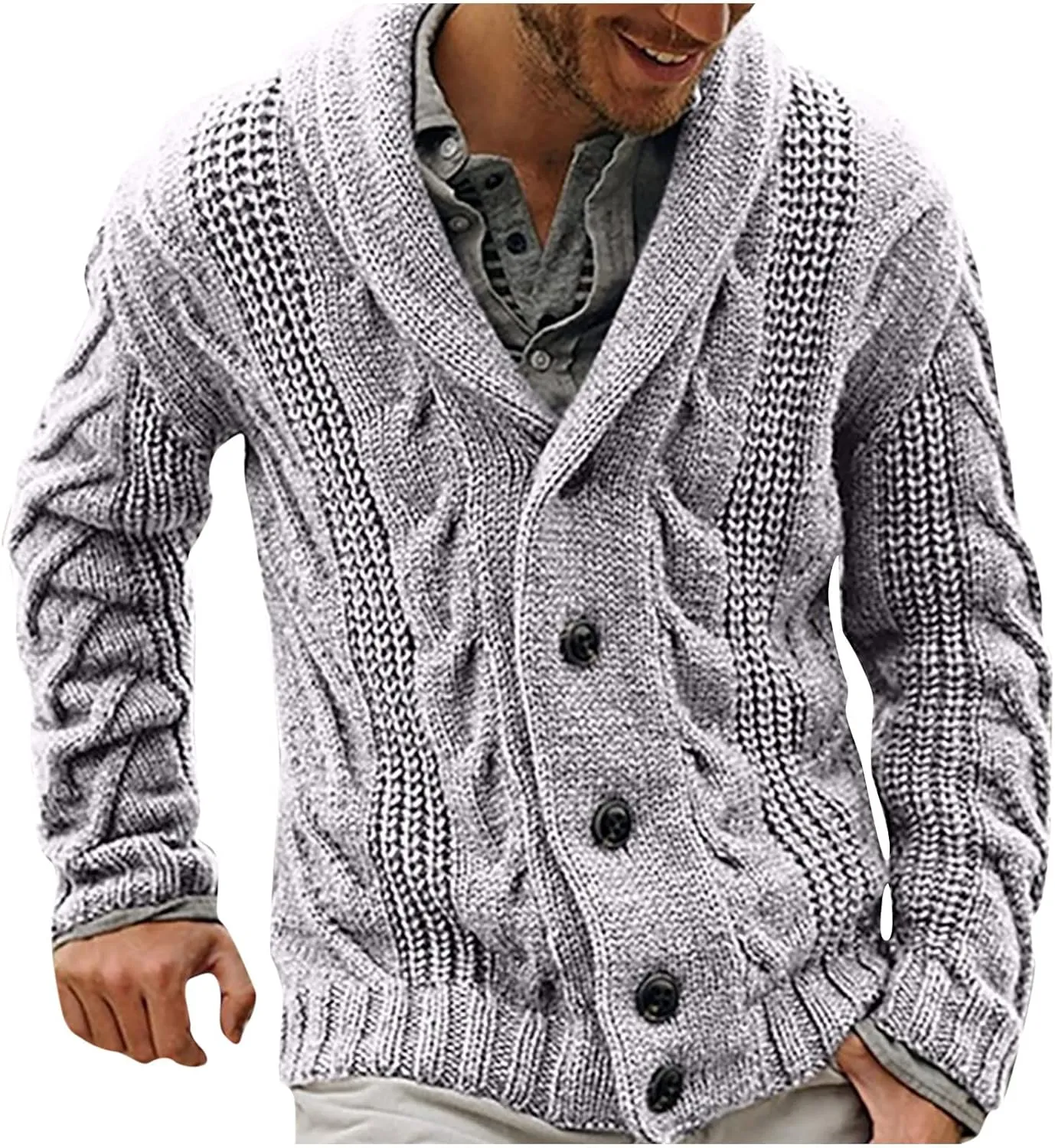 Button Down Sweaters for Men Casual Knitted Shawl Lapel Cardigan Long Sleeve Ribbed Cable Knit Sweater Comfy Knitwear