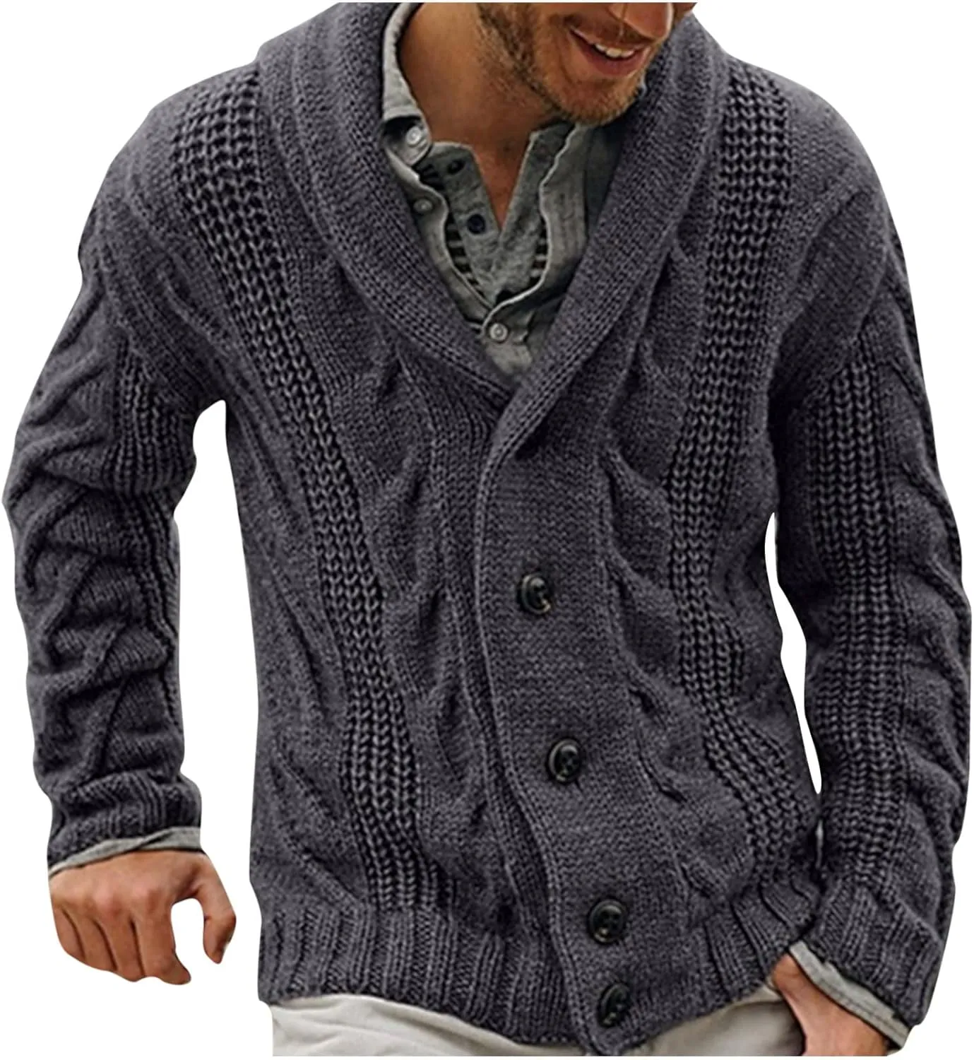 Button Down Sweaters for Men Casual Knitted Shawl Lapel Cardigan Long Sleeve Ribbed Cable Knit Sweater Comfy Knitwear