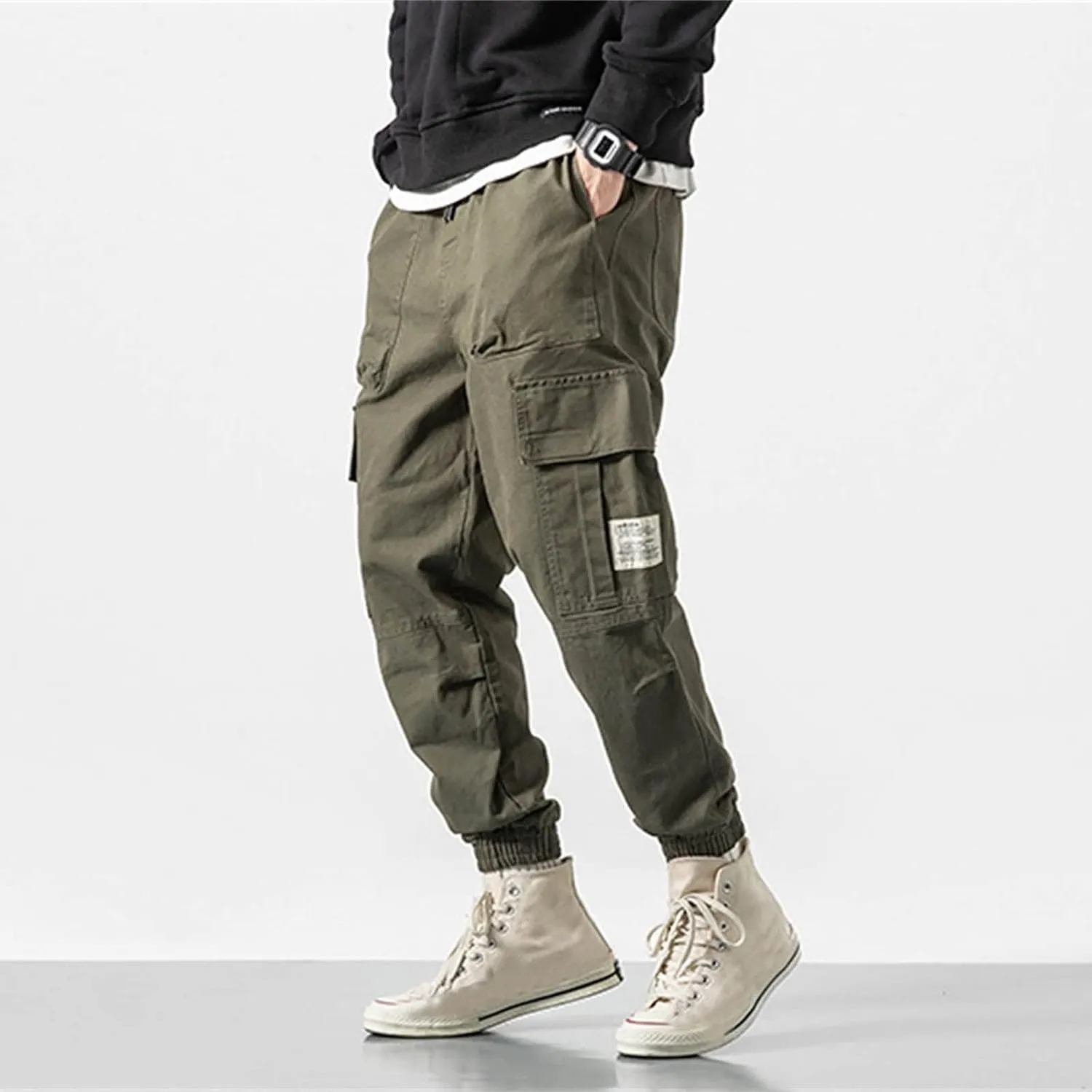 Cargo Trousers for Men Elastic Waist Cargo Pants Open Bottom Drawstring Baggy Joggers Men's Tactical Cargo Joggers