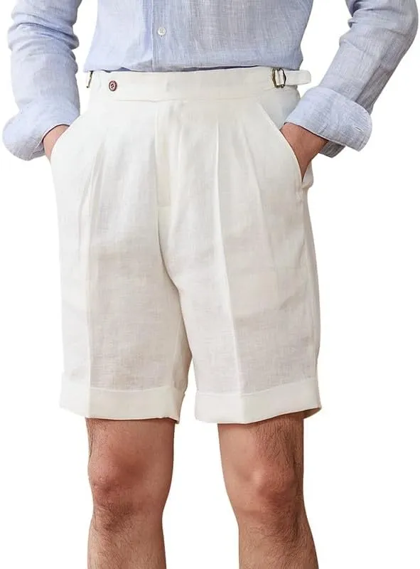Casual Linen Short Pants Adjustable Waist Suit Separates-Pants Lightweight Summer Beach Shorts for Men