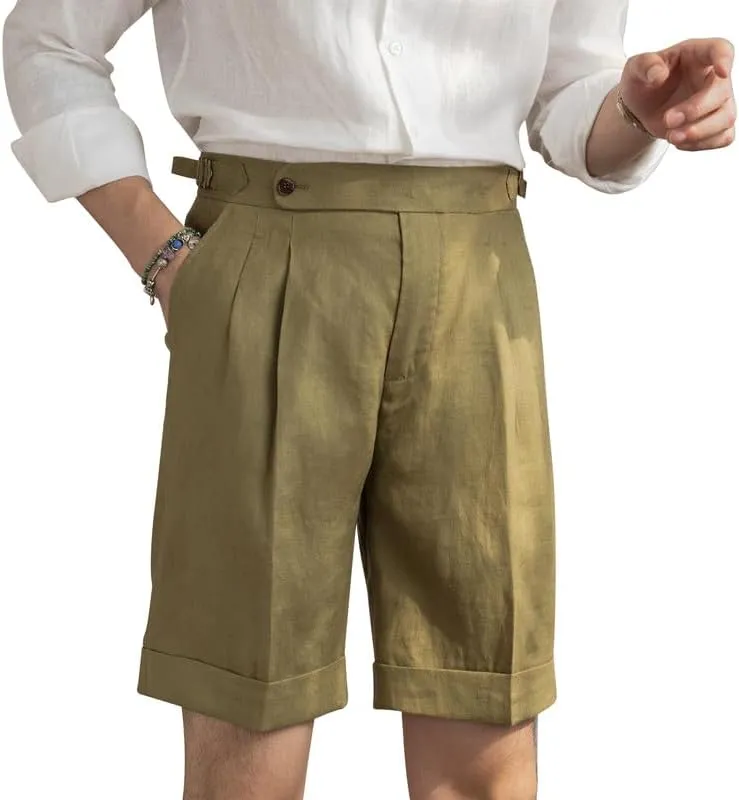 Casual Linen Short Pants Adjustable Waist Suit Separates-Pants Lightweight Summer Beach Shorts for Men