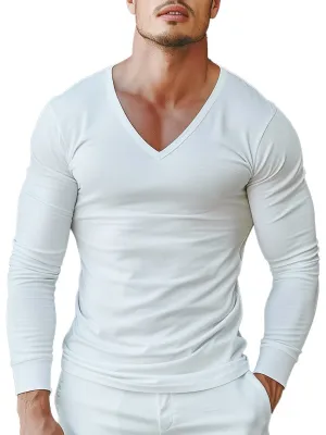 Casual Simple Solid Color V-neck Long Sleeve T-shirt