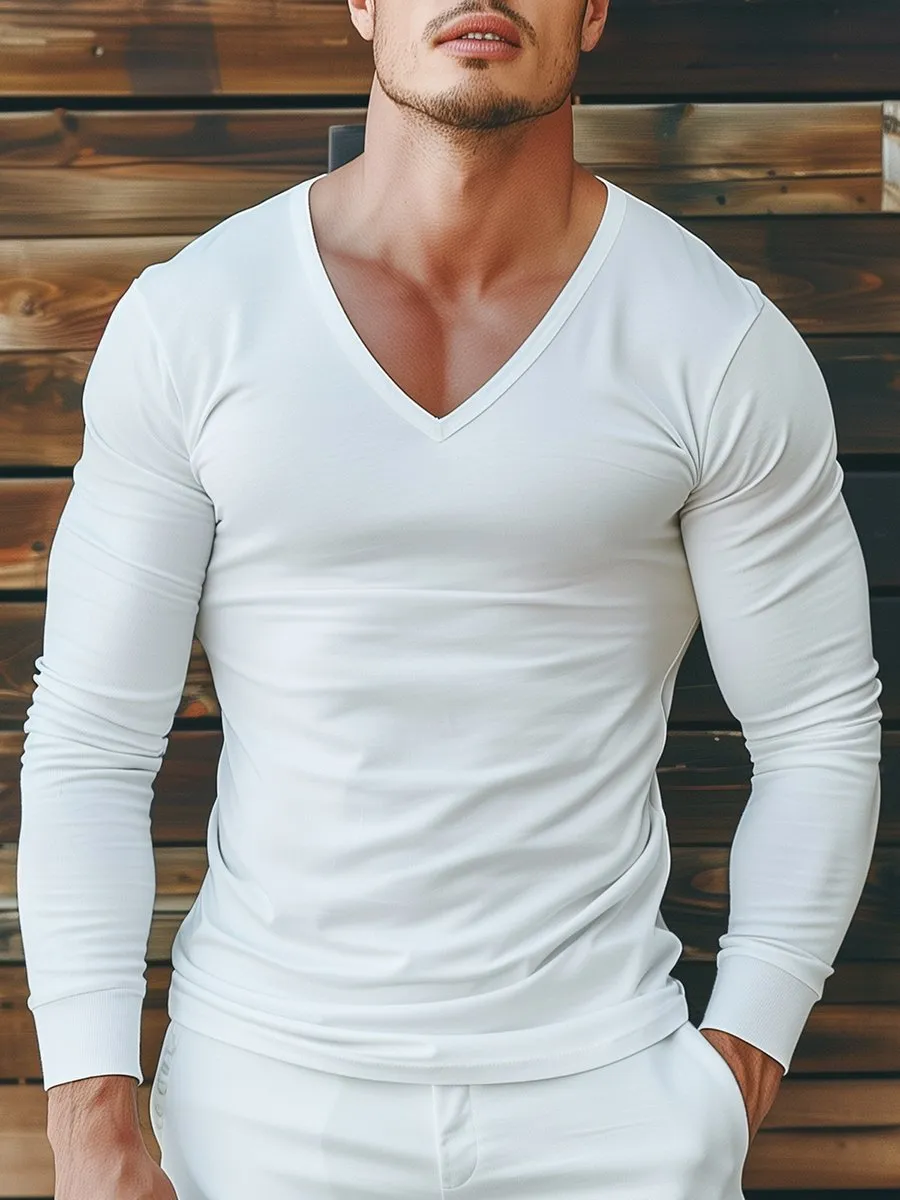 Casual Simple Solid Color V-neck Long Sleeve T-shirt