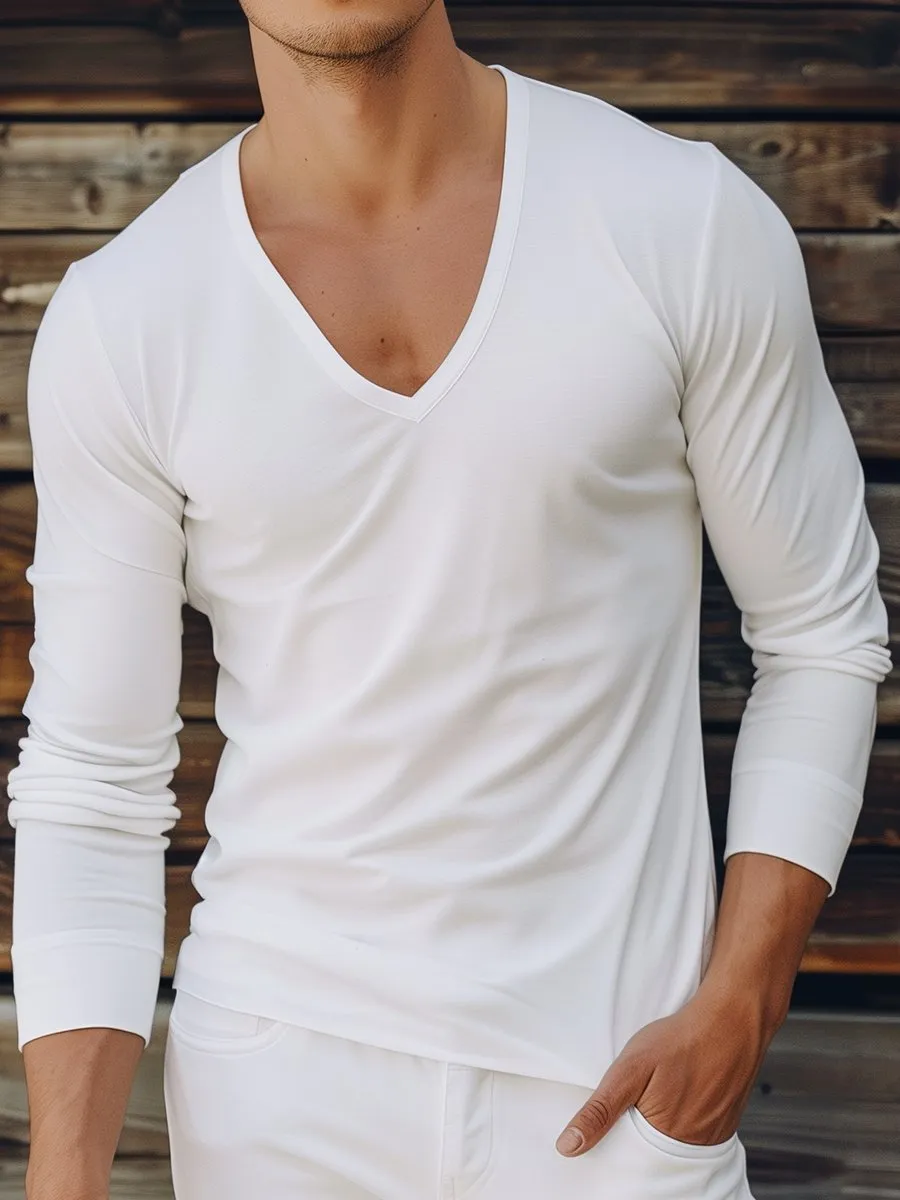 Casual Simple Solid Color V-neck Long Sleeve T-shirt