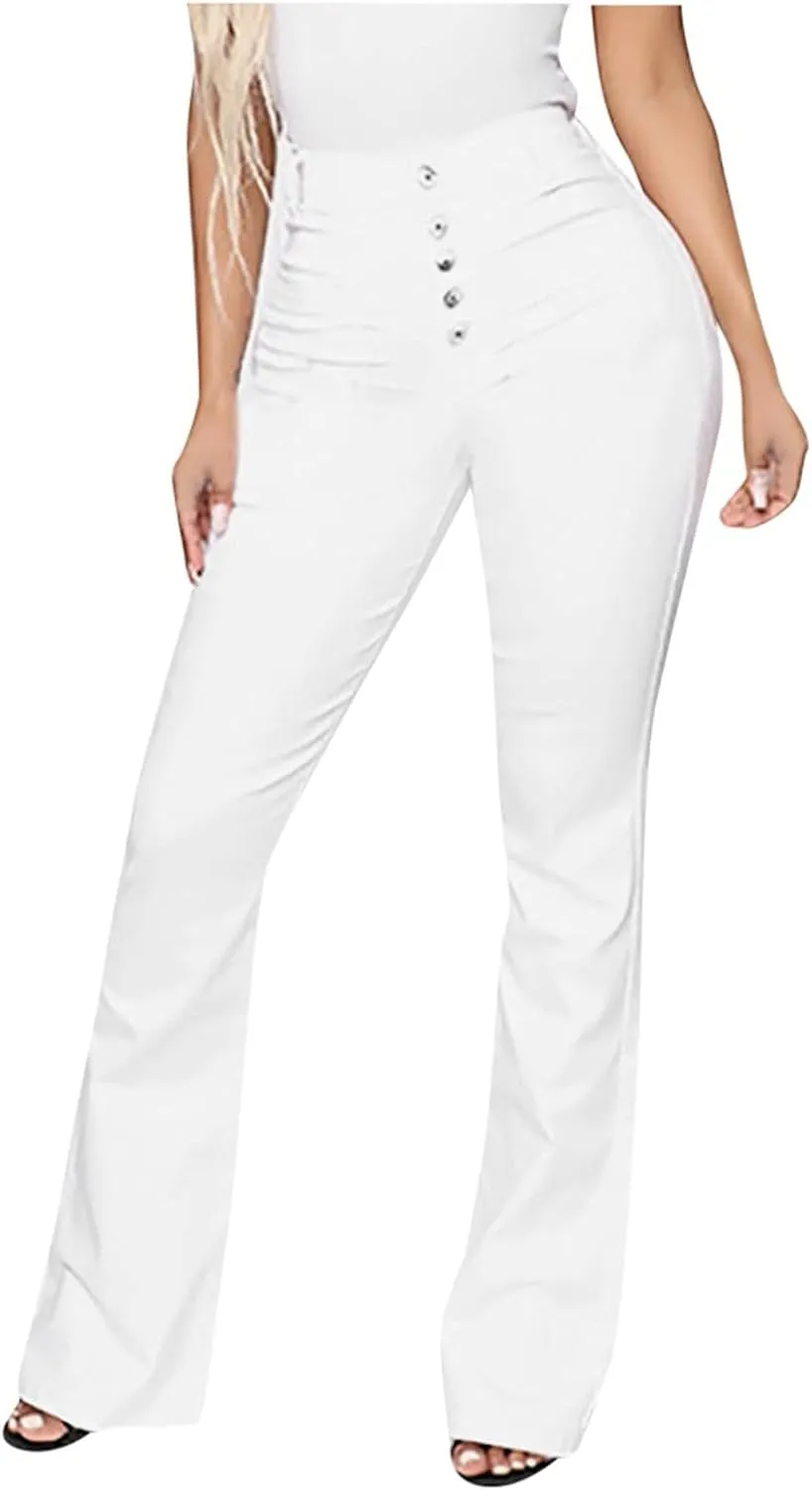 Cdiecer Flared Jeans Women Bell Bottom Jeans Button Closure Jeans Pants High Waisted Stretch Jeans Tummy Control Jeans Y2k