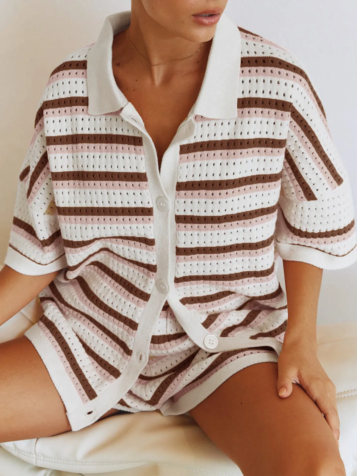 Contrast Striped Loose Knit Cardigan Shorts Set