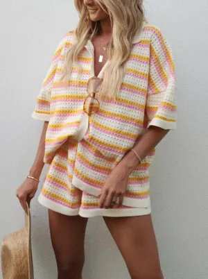 Contrast Striped Loose Knit Cardigan Shorts Set