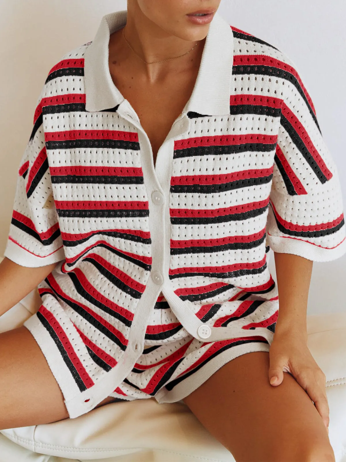Contrast Striped Loose Knit Cardigan Shorts Set