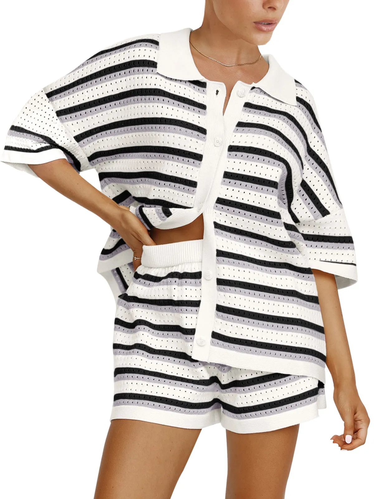 Contrast Striped Loose Knit Cardigan Shorts Set