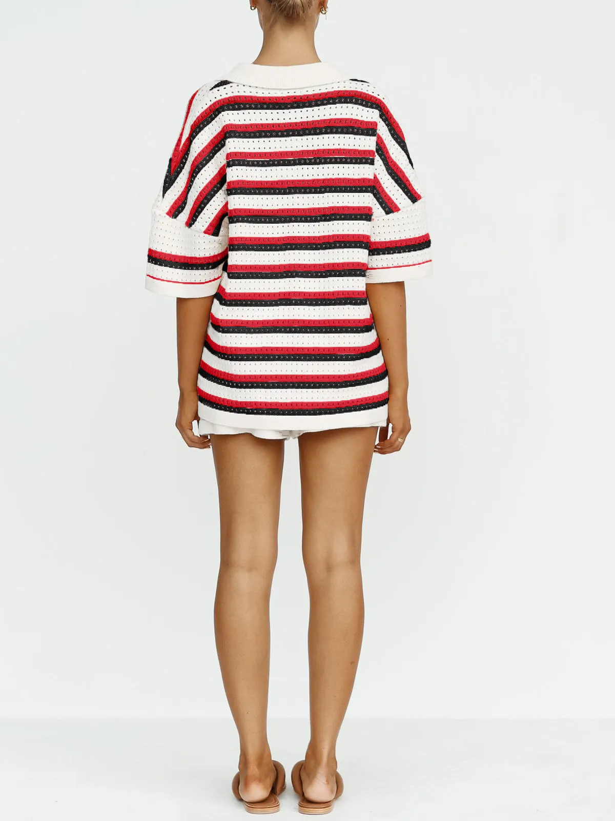 Contrast Striped Loose Knit Cardigan Shorts Set