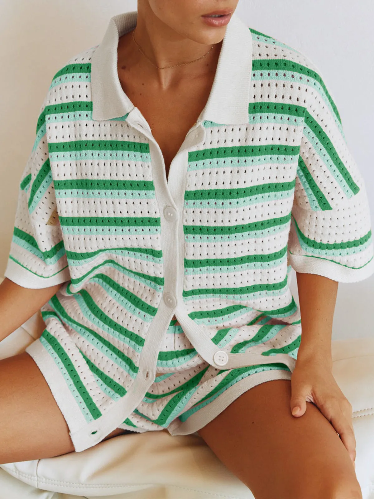 Contrast Striped Loose Knit Cardigan Shorts Set