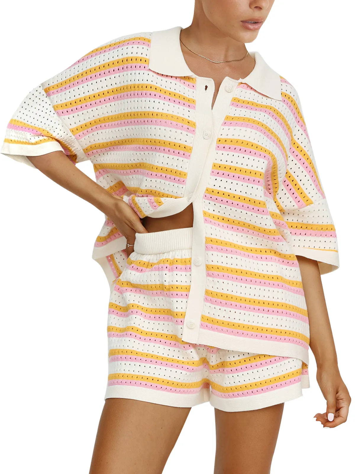 Contrast Striped Loose Knit Cardigan Shorts Set