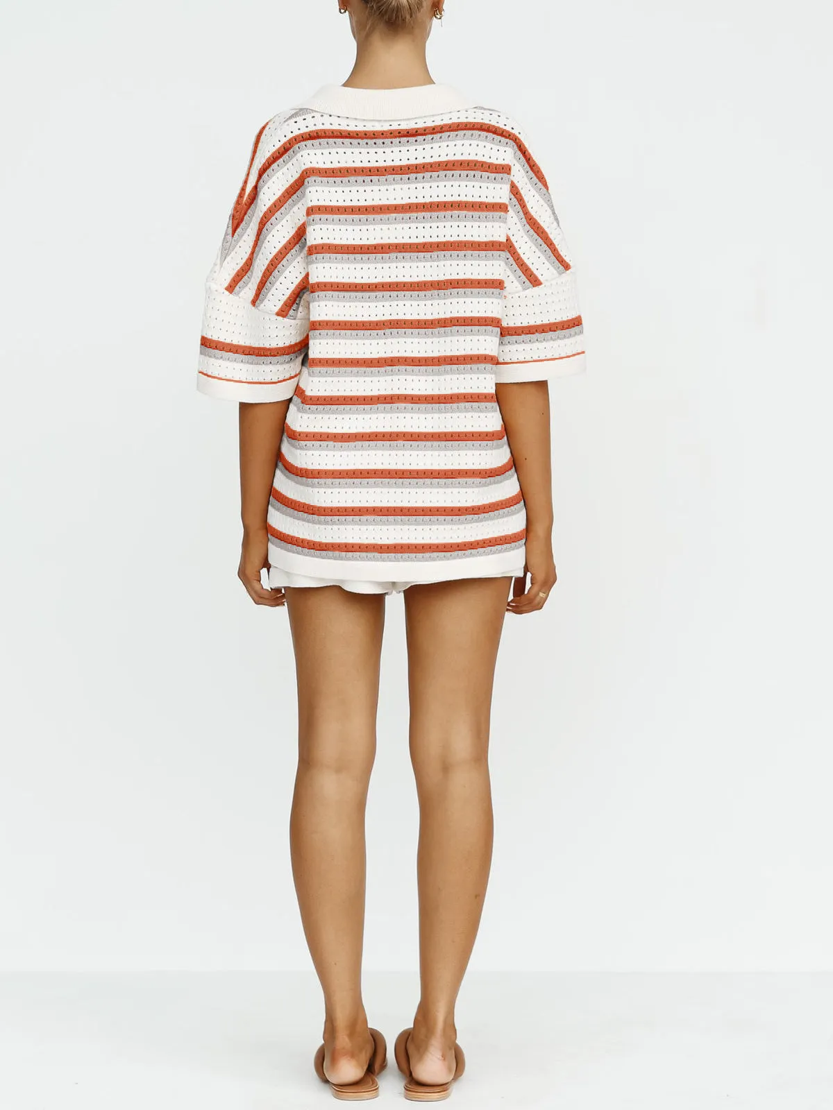 Contrast Striped Loose Knit Cardigan Shorts Set