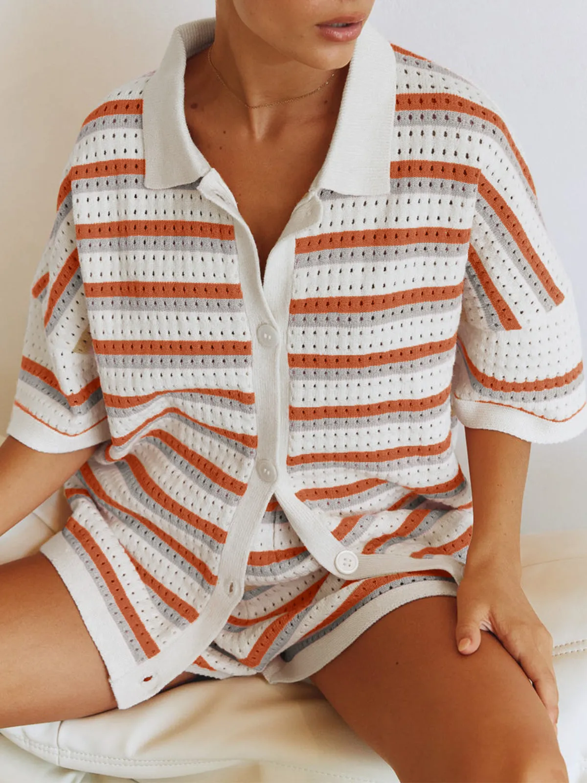 Contrast Striped Loose Knit Cardigan Shorts Set