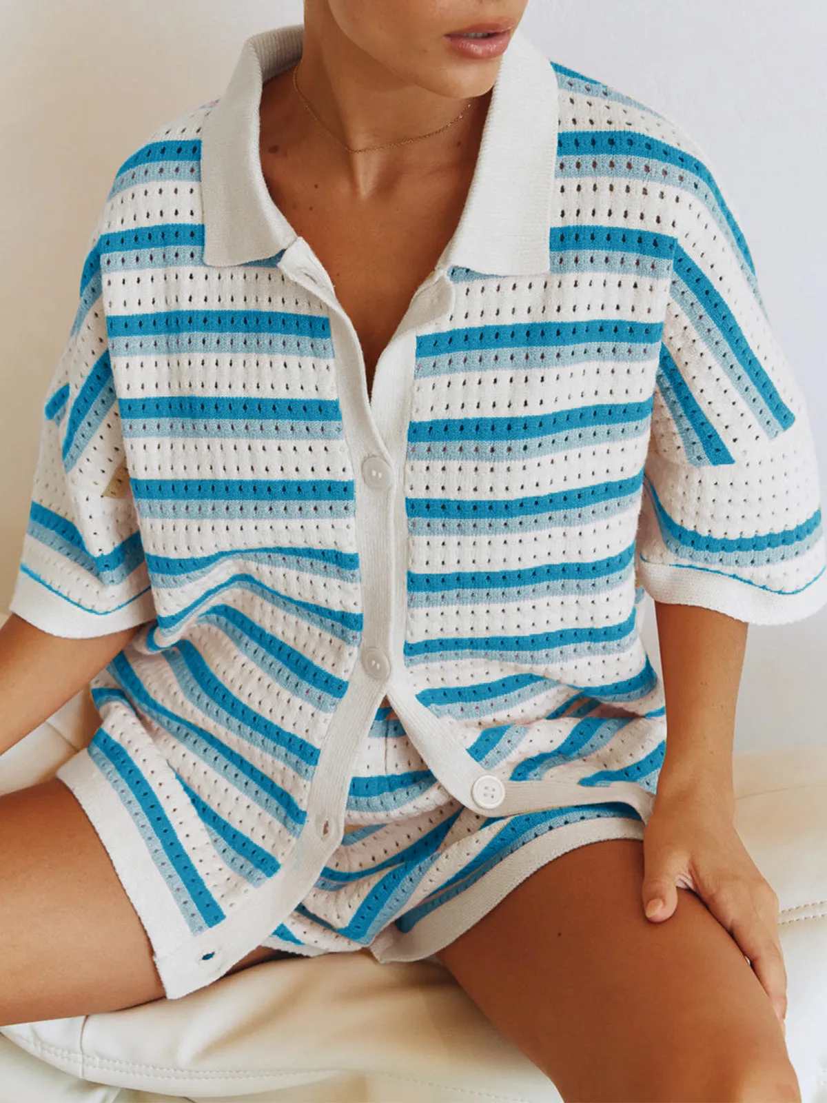 Contrast Striped Loose Knit Cardigan Shorts Set