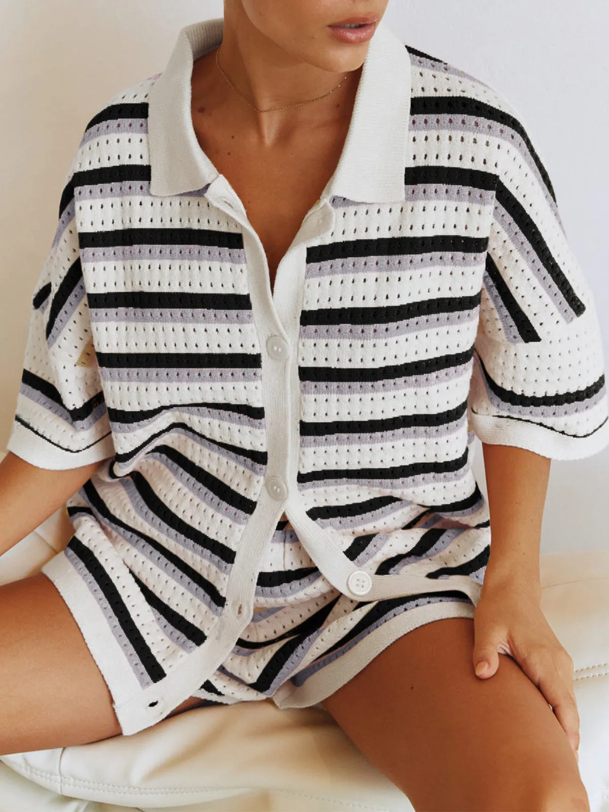 Contrast Striped Loose Knit Cardigan Shorts Set