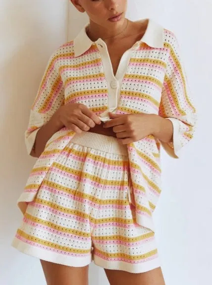 Contrast Striped Loose Knit Cardigan Shorts Set