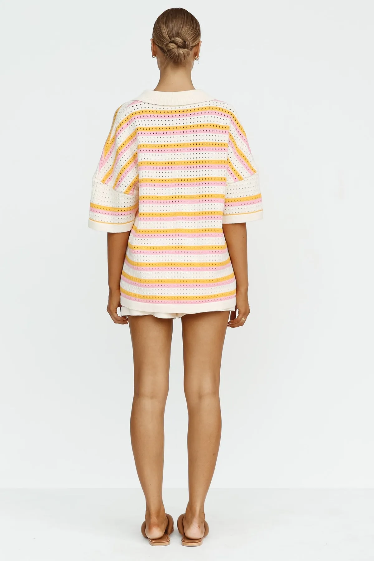 Contrast Striped Loose Knit Cardigan Shorts Set