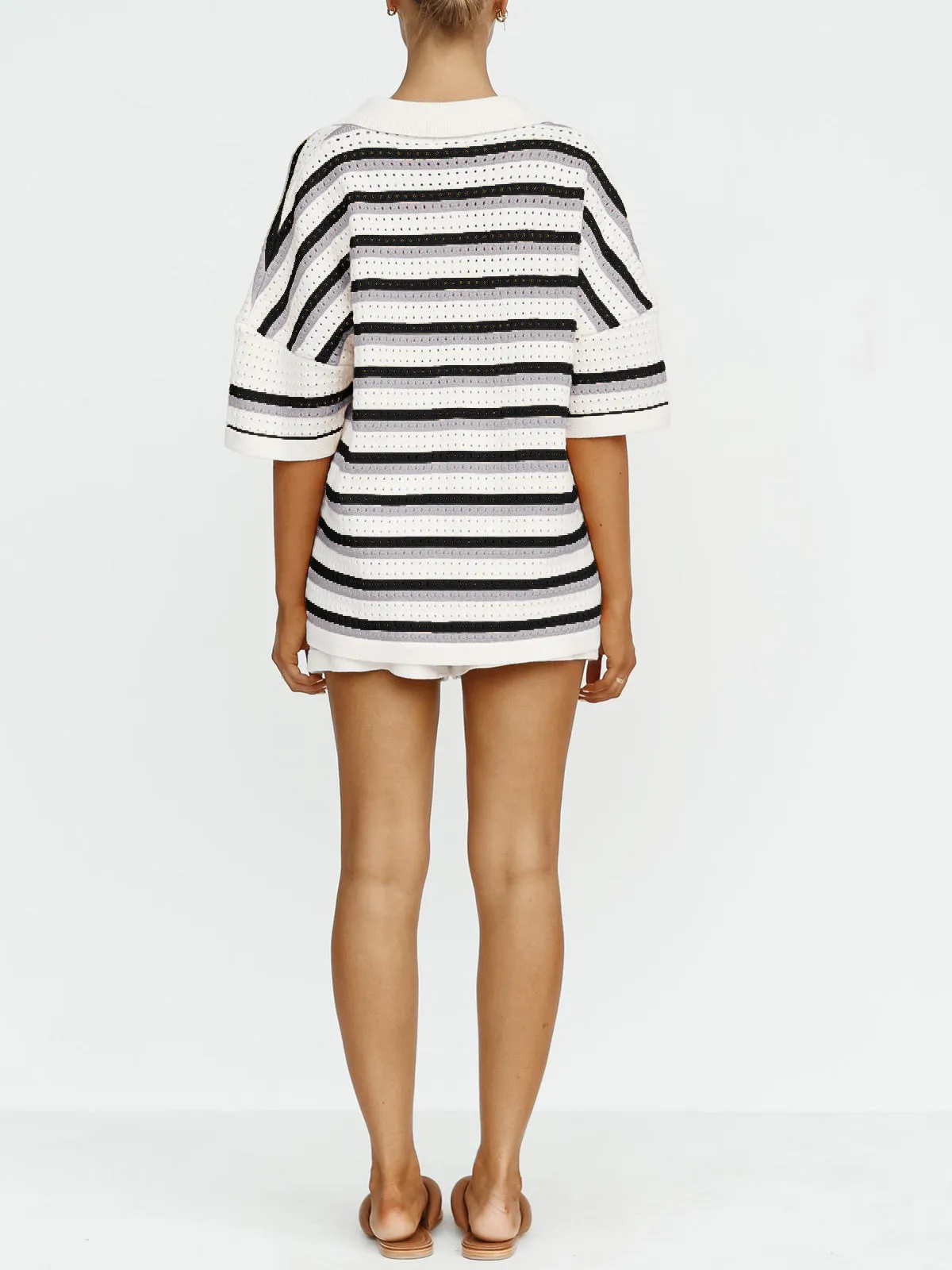 Contrast Striped Loose Knit Cardigan Shorts Set