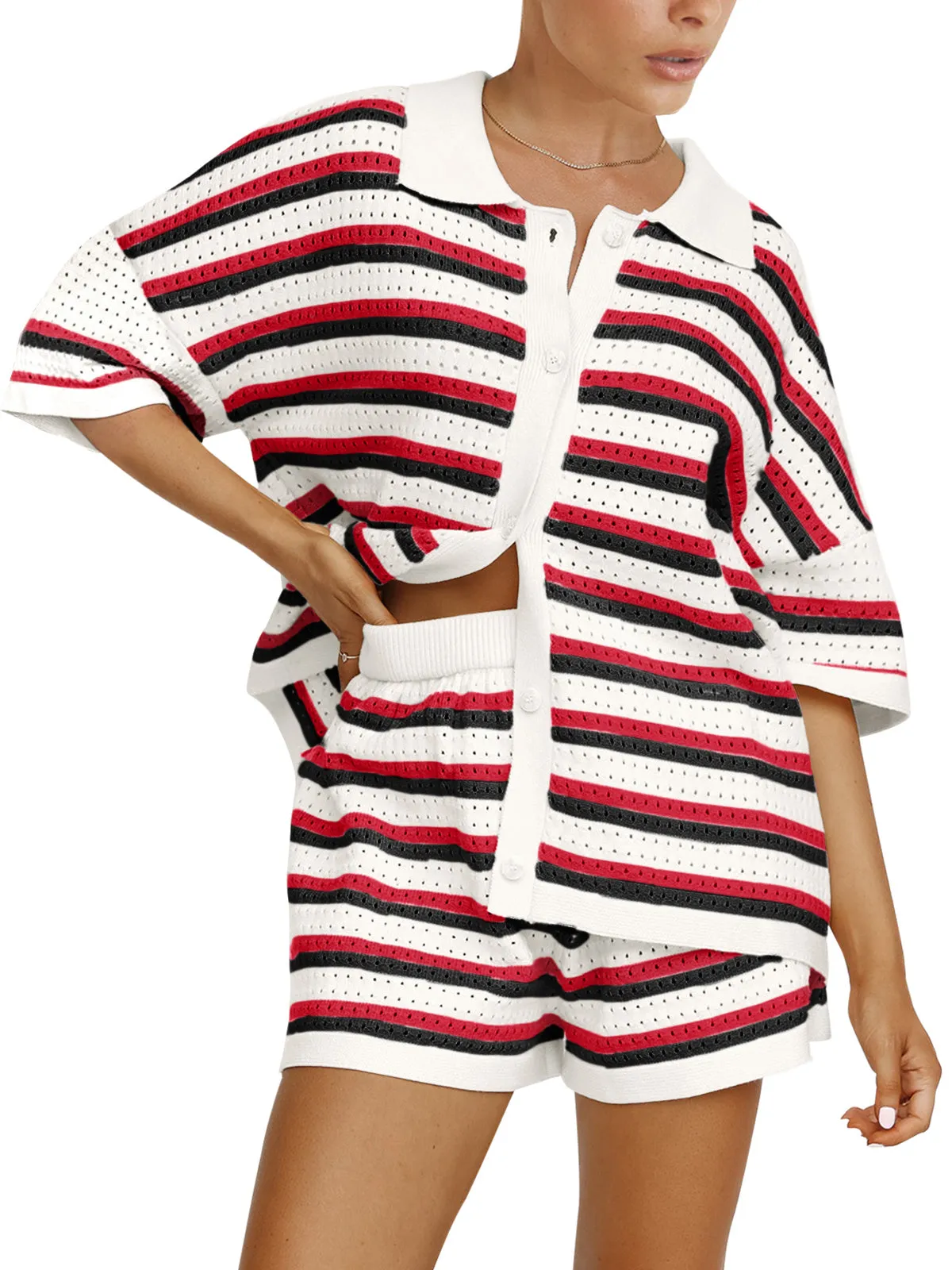 Contrast Striped Loose Knit Cardigan Shorts Set