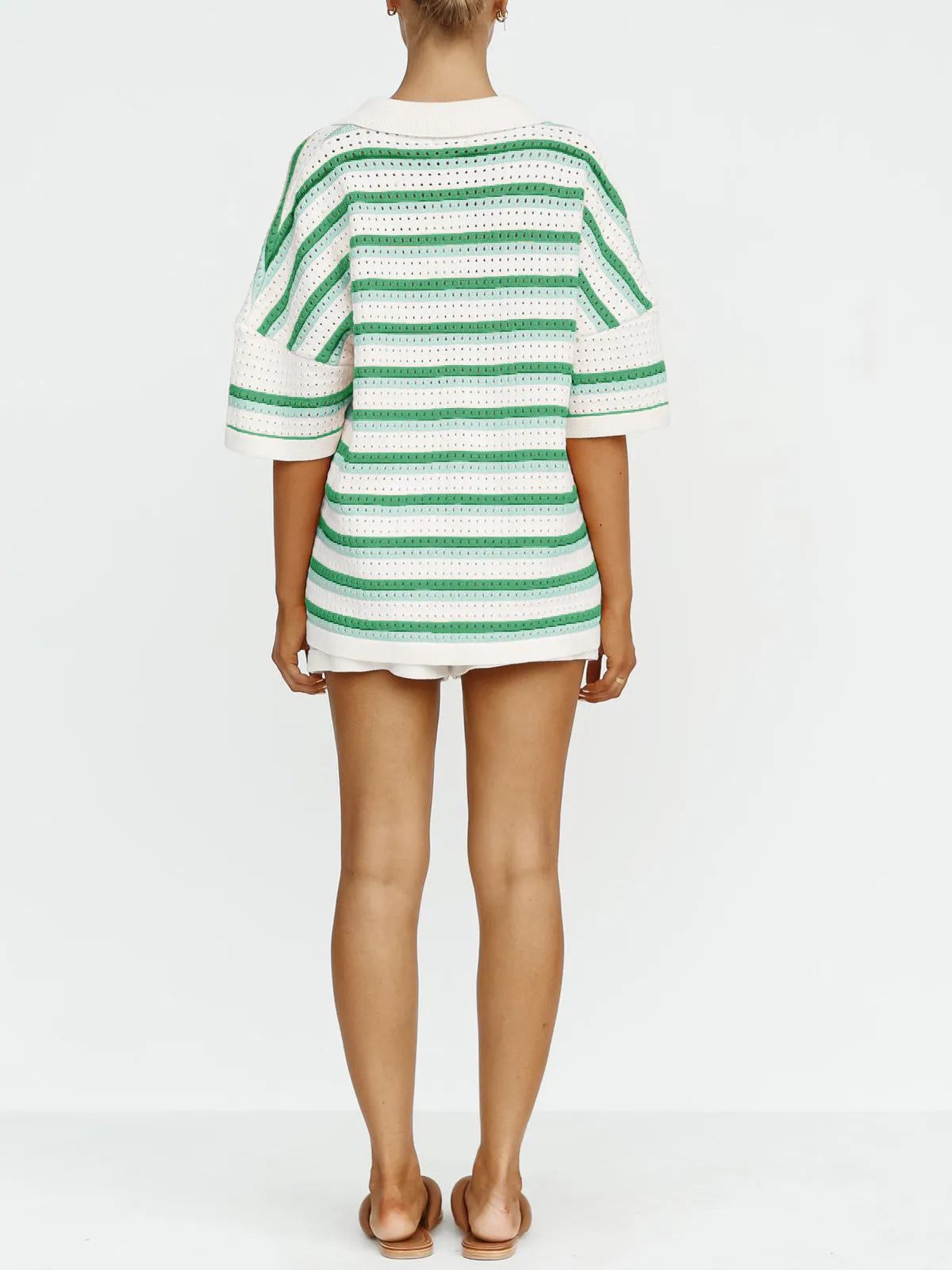 Contrast Striped Loose Knit Cardigan Shorts Set