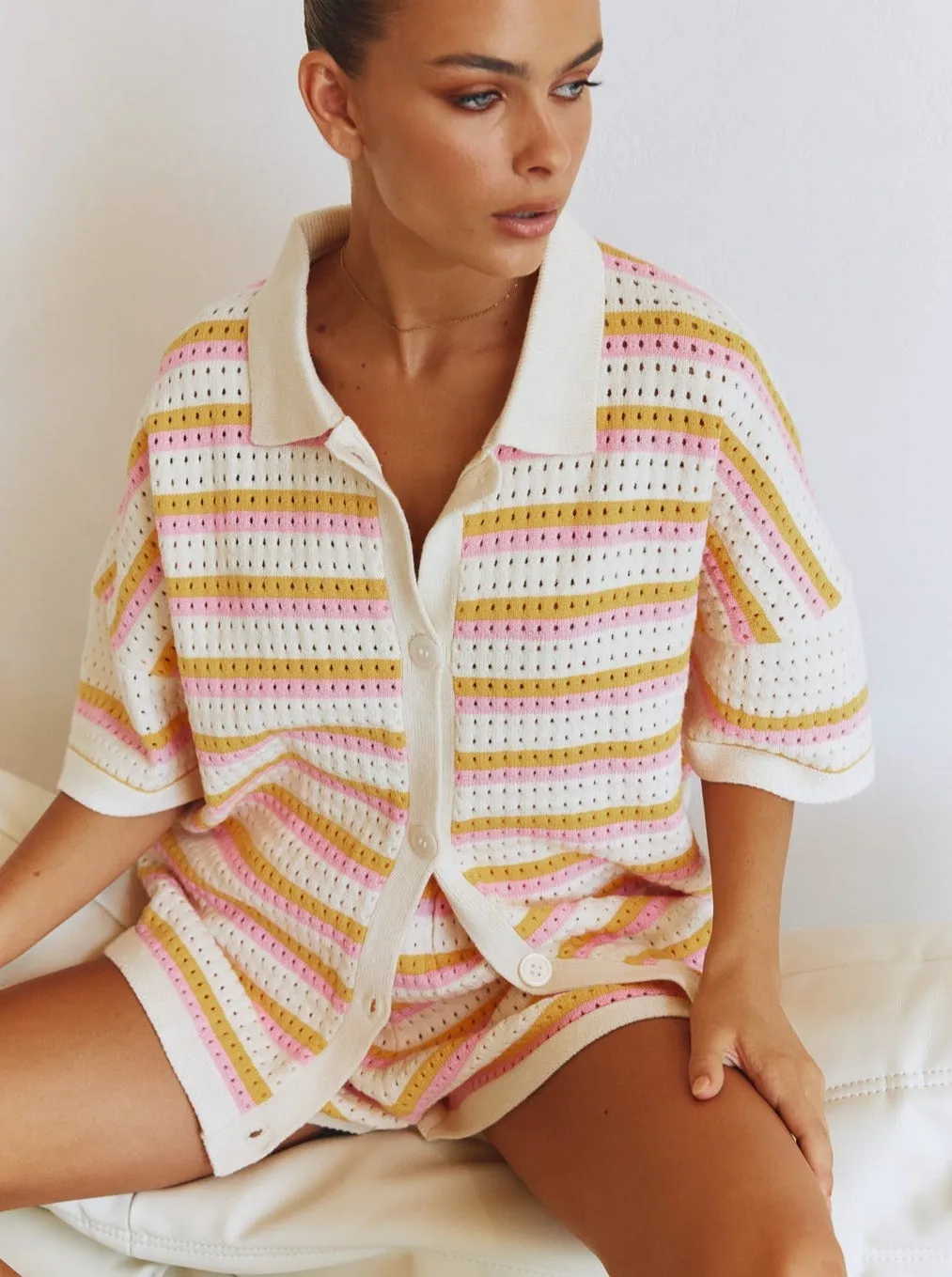 Contrast Striped Loose Knit Cardigan Shorts Set