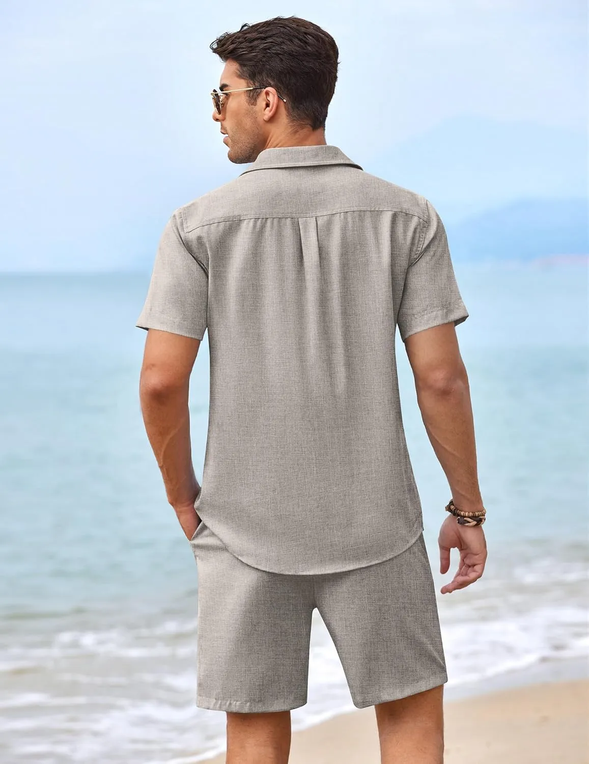 COOFANDY Men 2 Piece Linen Set Casual Beach Outfit Button Down Shirt and Short